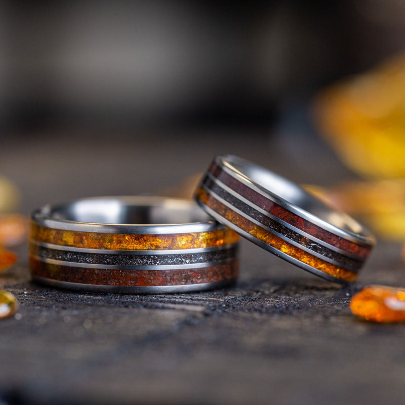 The Jurassic - His and Hers Matching Fossilized Amber, Dinosaur Bone and Meteorite Wedding Ring Set