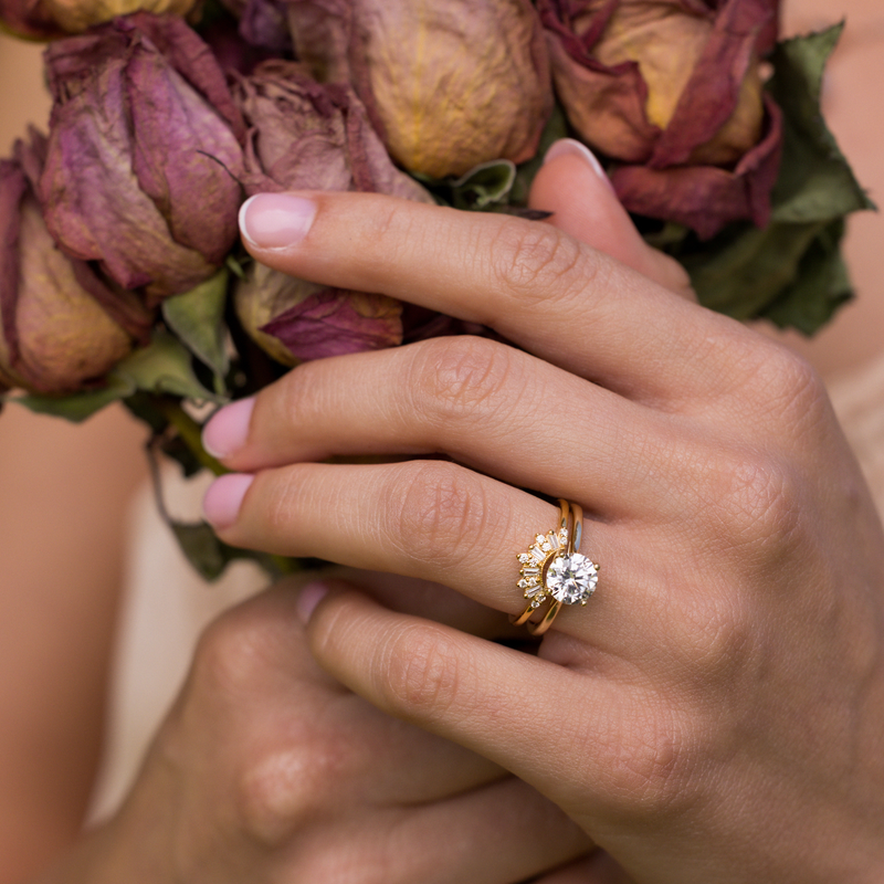 The Lily & Solene | Nature Inspired Round Diamond Solitaire & Art Deco Contour Bridal Set