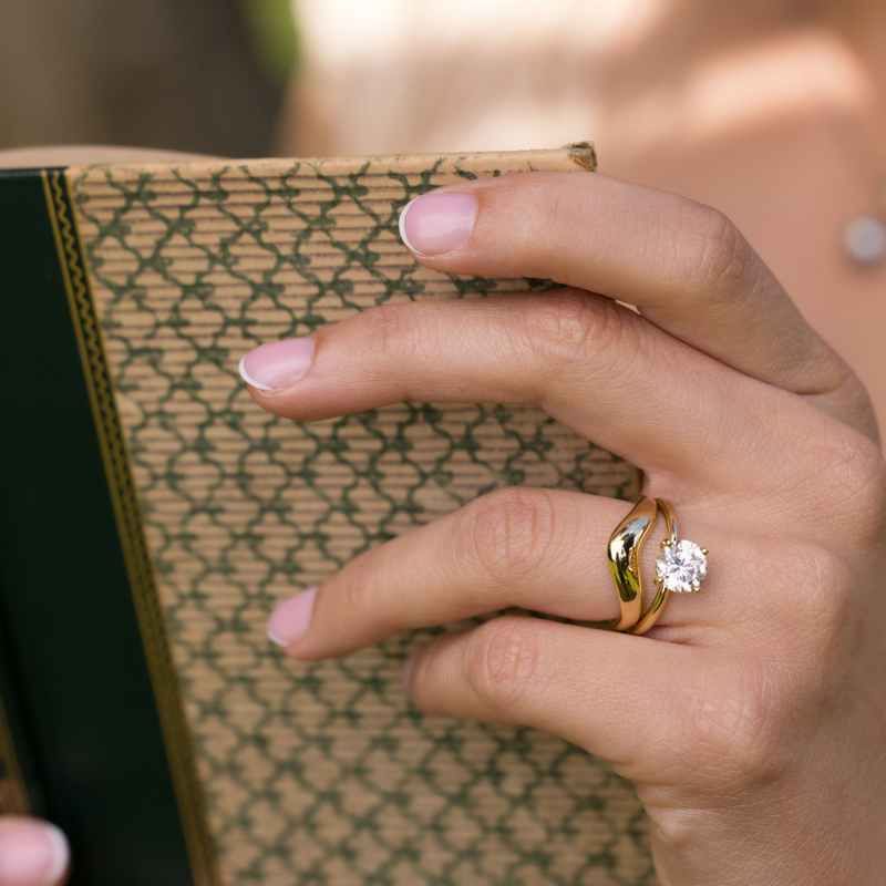 Round Diamond Solitaire Bridal Set with Floral Setting & Gold Dome Band