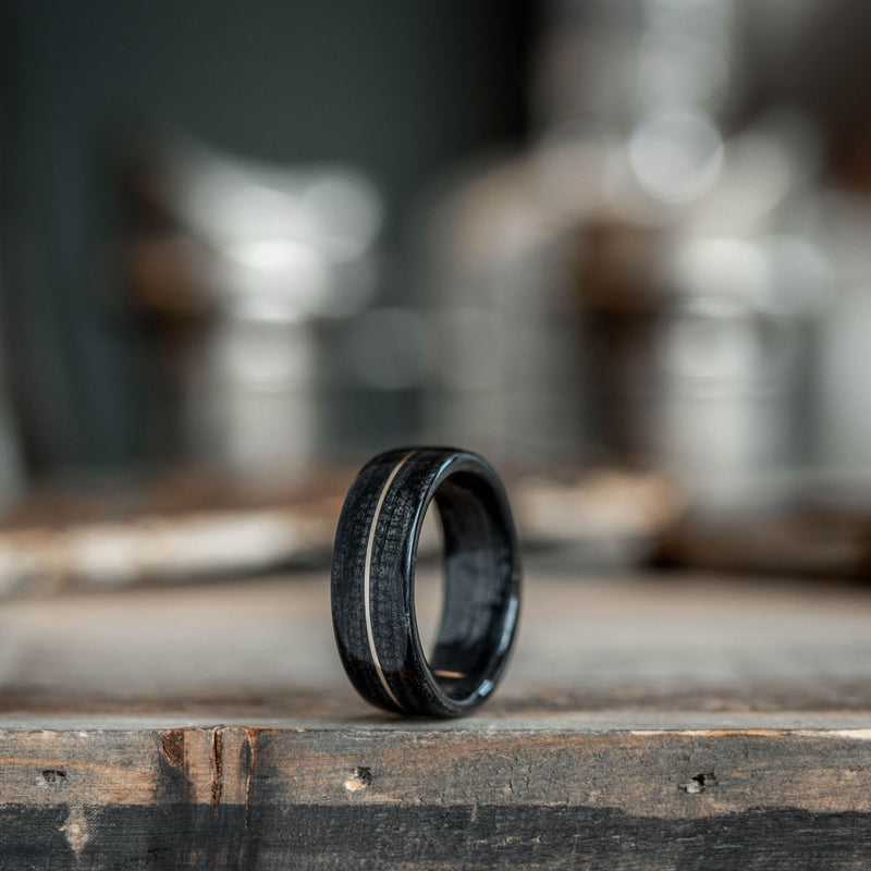     Mens-Black-Whiskey-Barrel-Wood-Wedding-Band-Center-14k-White-Gold-Ring-Inlay-Whiskey-Neat-Rustic-And-Main