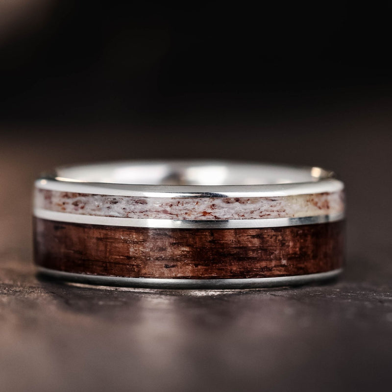 Mens-Silver-Wedding-Ring-Elk-Antler-Antique-Walnut-Rustic-And-Main