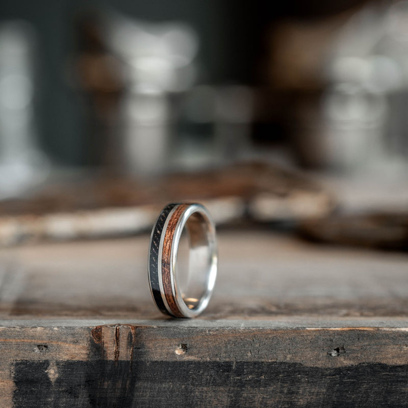       Mens-Titanium-Wedding-Band-with-Rifle-Stock-Wood-And-WWI-Uniform-Rustic-And-Main