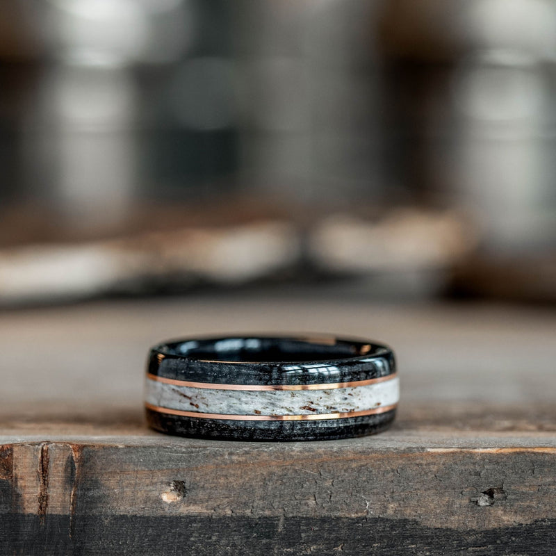     Mens-Whiskey-Barrel-And-Elk-Antler-Wedding-Band-with-Dual-14k-Rose-Gold-Inlays-Frontiersman-Rustic-And-Main