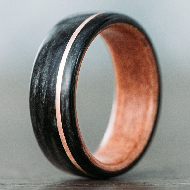 Mens-Whiskey-Barrel-Wood-Wedding-Band-Black-Cherry-Liner-Offset-Rose-Inlay