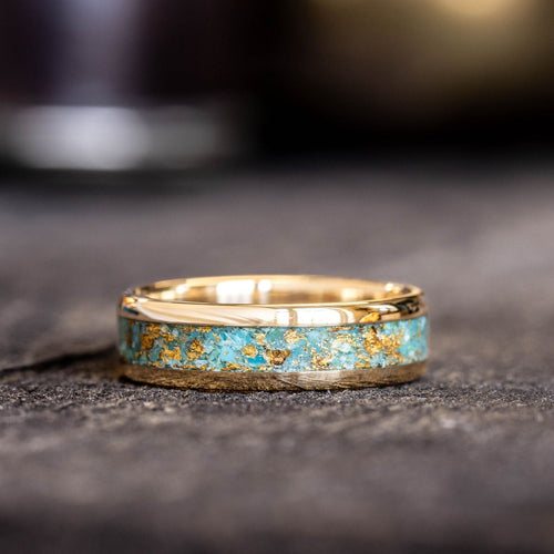 Mens gold wedding band turquoise gold flakes rustic and
