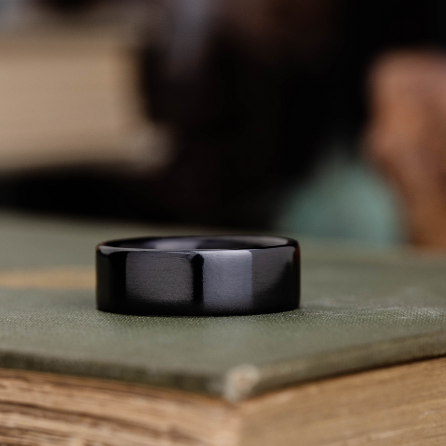 (In-Stock) The Olympian Noir | Men's Polished Black Titanium Wedding Band - Size 10.75 | 8mm Wide