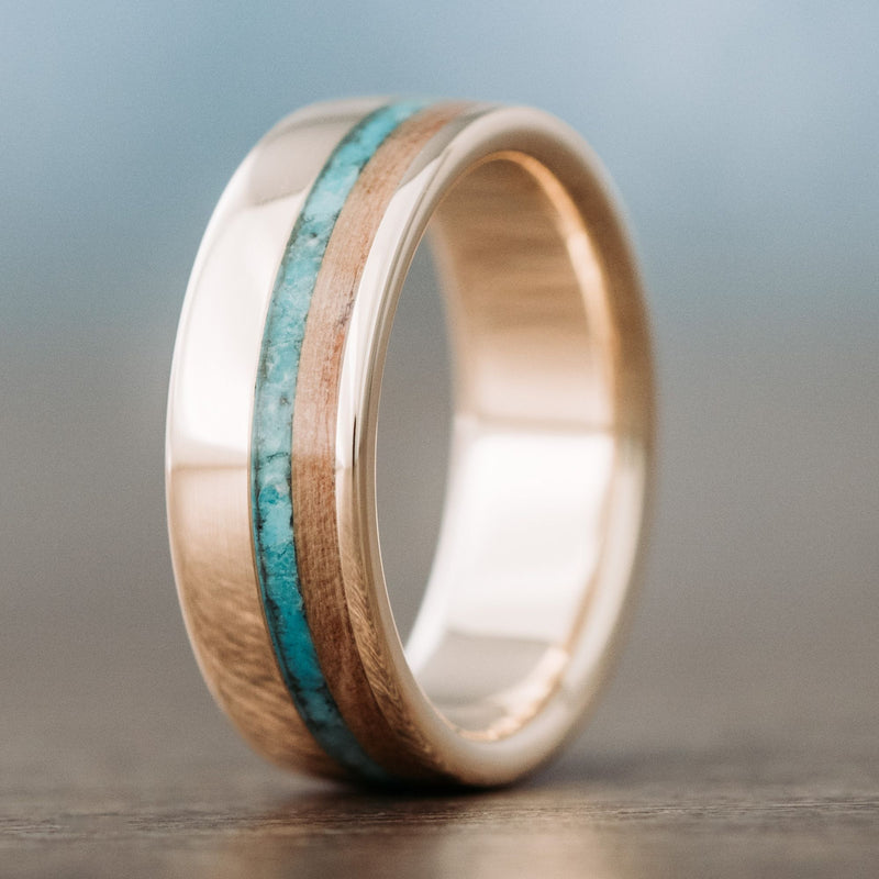     Reeves-Mens-Yellow-Gold-Wedding-Band-Natural-Whiskey-Barrel-Wood-Turquoise-Rustic-and-Main