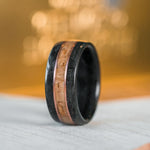 (In-Stock) The Whiskey Triple - Whiskey Barrel Wood Wedding Band with White Gold Inlays - Size 10 | 9mm Wide