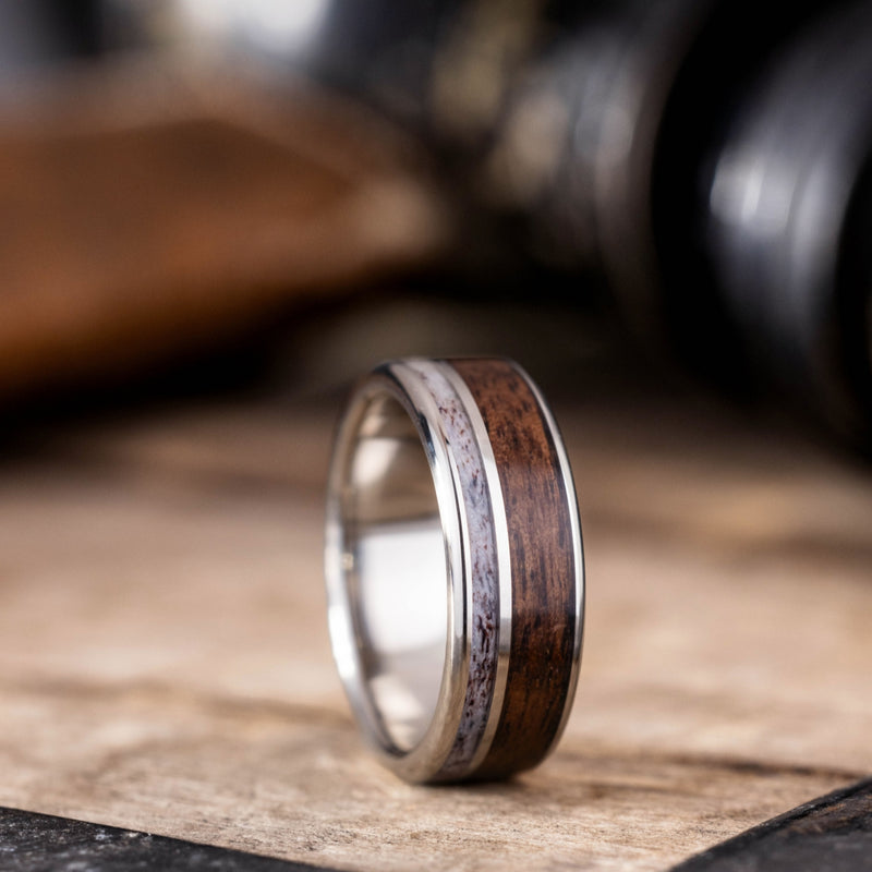 The Roosevelt | Men's Gold Elk Antler Wedding Band with 1903 Springfield Rifle Stock Wood