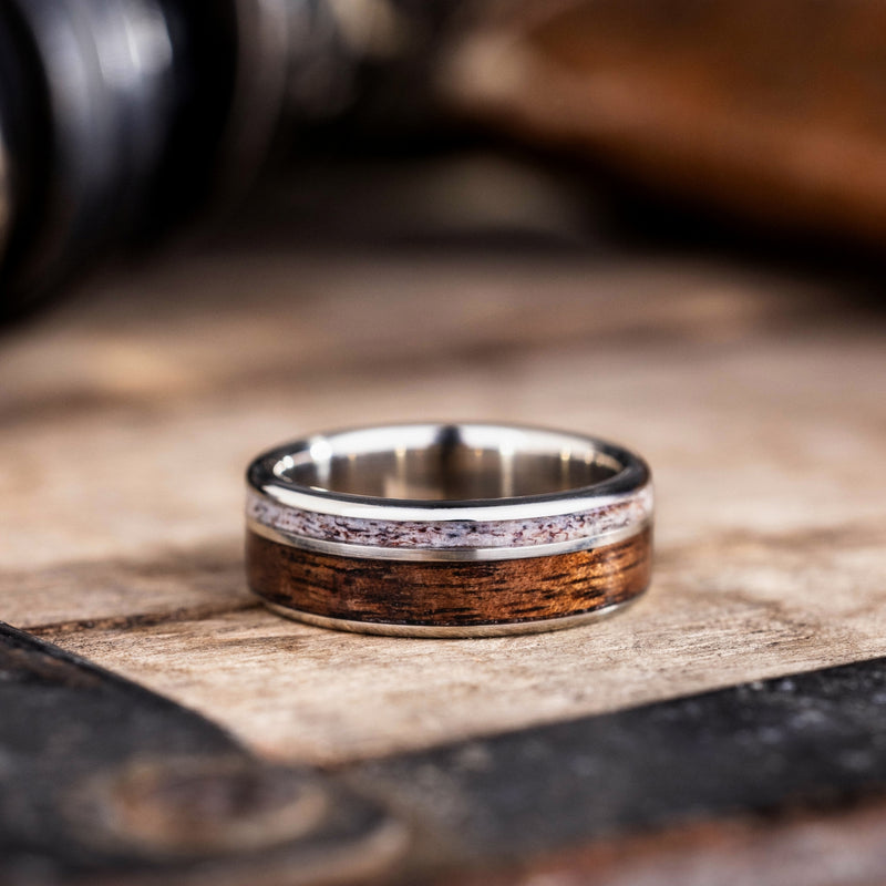 The Roosevelt | Men's Gold Elk Antler Wedding Band with 1903 Springfield Rifle Stock Wood