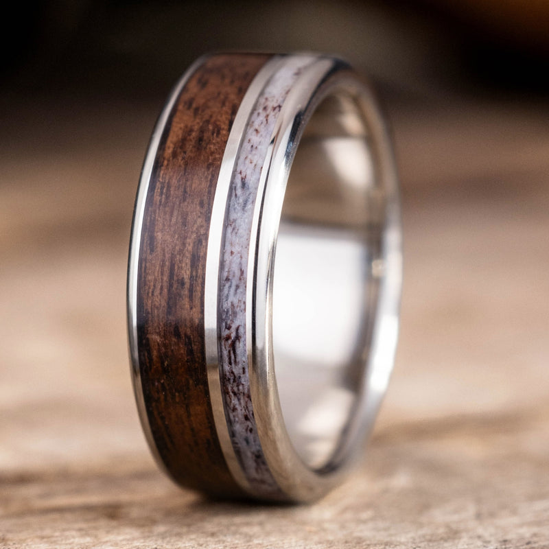 The Roosevelt | Men's Gold Elk Antler Wedding Band with 1903 Springfield Rifle Stock Wood