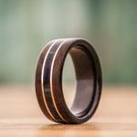 (In Stock) Indian Rosewood Wedding Band with Campbell of Argyll Modern Tartan & Dual Rose Gold - Size 10.5 | 9mm Wide