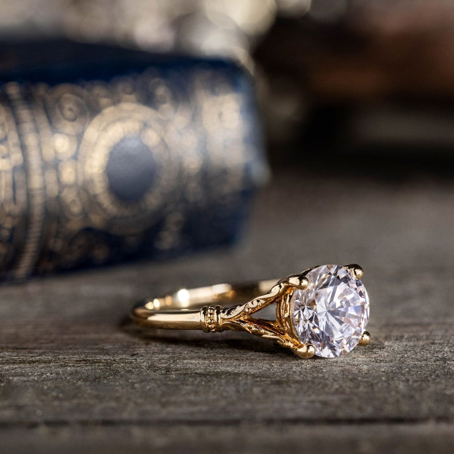 Round-Diamond-Solitaire-Engagement-Ring-Art-Nouveau-Inspired-Split-Shank-Setting-The-Selwyn-Rustic-And-Main