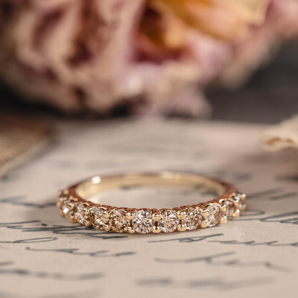 Champagne diamond wedding band in 10K yellow gold, round stones