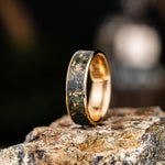 The Shenandoah | Men's Gold Moss Agate Wedding Band with Gold Flakes - Wide Channel