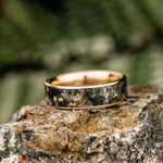 The Shenandoah | Men's Gold Moss Agate Wedding Band with Gold Flakes - Wide Channel