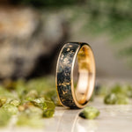 The Shenandoah | Men's Gold Moss Agate Wedding Band with Gold Flakes - Wide Channel