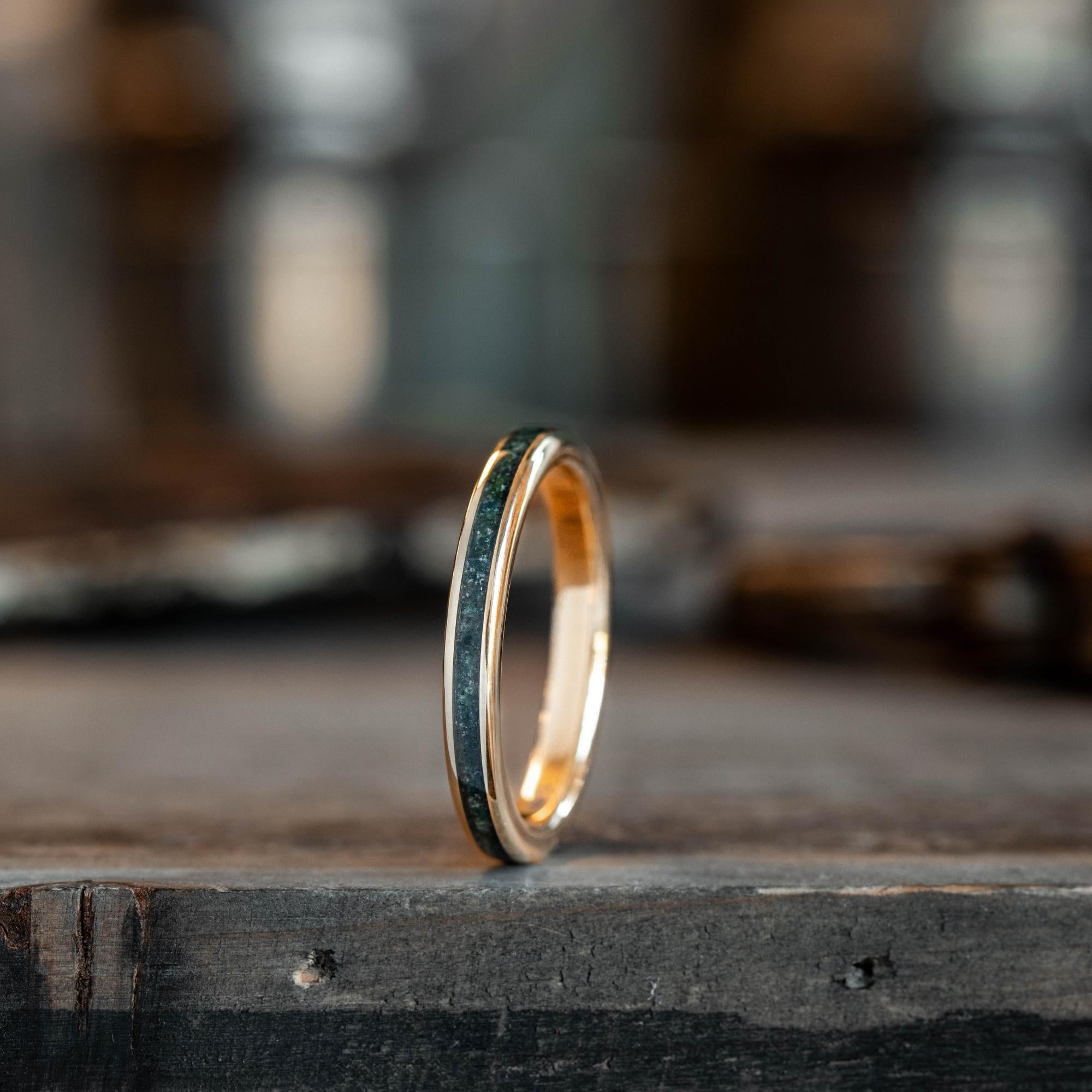 The Shenandoah | Men's Gold Moss Agate Wedding Band with Gold Flakes | Rustic and Main