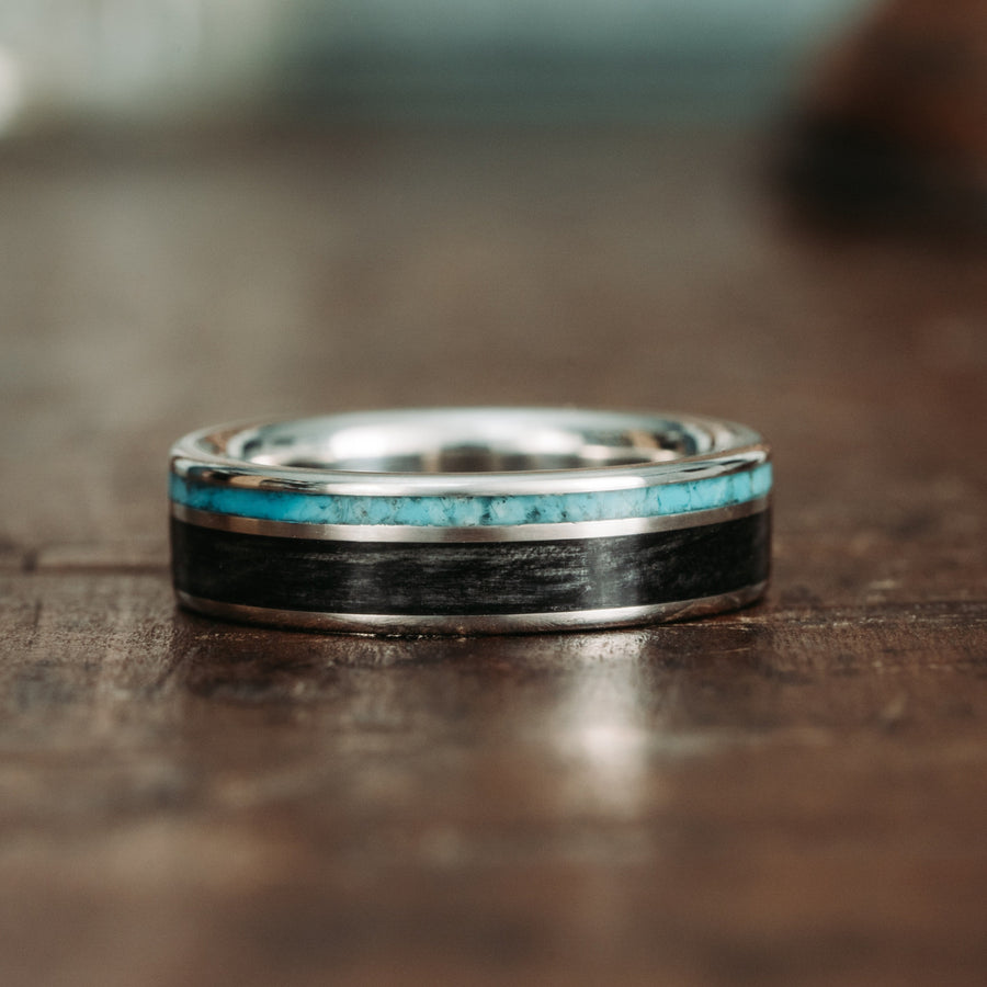 The Spirit of Sonora | Men's Gold Whiskey Barrel Wood & Turquoise Wedding Band