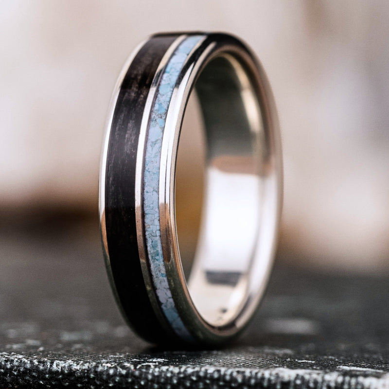The Spirit of Sonora | Men's Silver Whiskey Barrel Wood & Turquoise Wedding Band