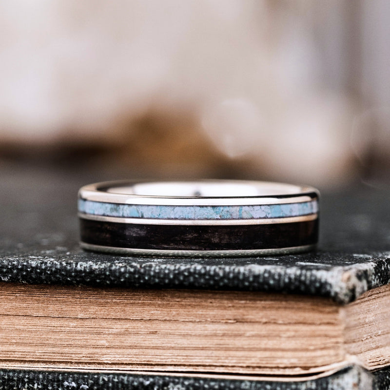 The Spirit of Sonora | Men's Silver Whiskey Barrel Wood & Turquoise Wedding Band