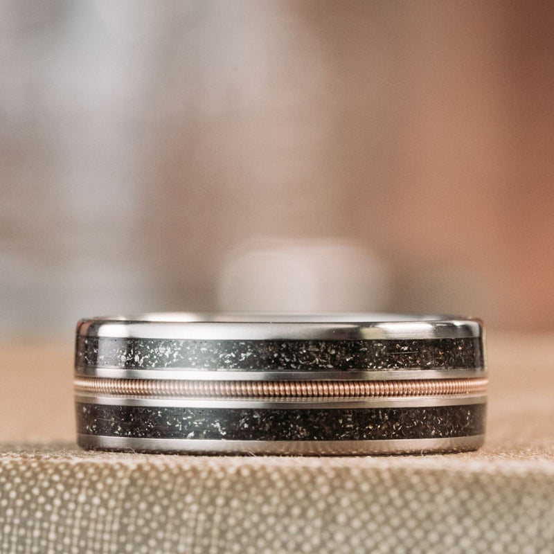     Space-Cowboy-Mens-Titanium-Guitar-String-Wedding-Band-with-Meteorite-Dust-Rustic-and-Main