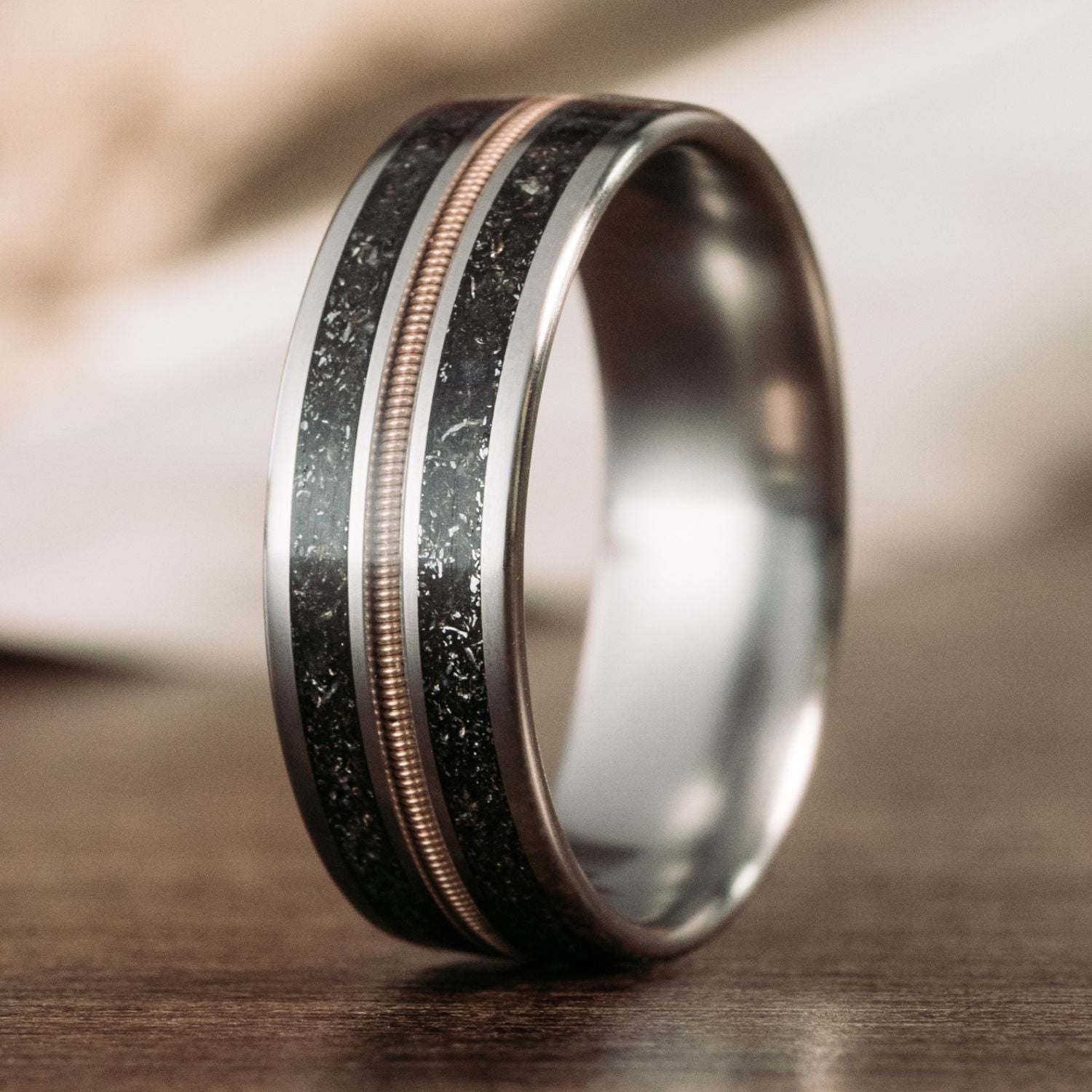 The Space Cowboy | Men's Titanium Guitar String Wedding Band with Mete ...