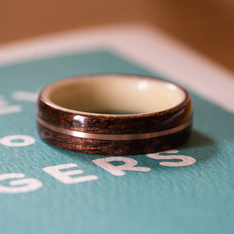 The Laura | Women's Walnut Wood Ring with Holly Liner & Metal Inlay – Rustic and Main
