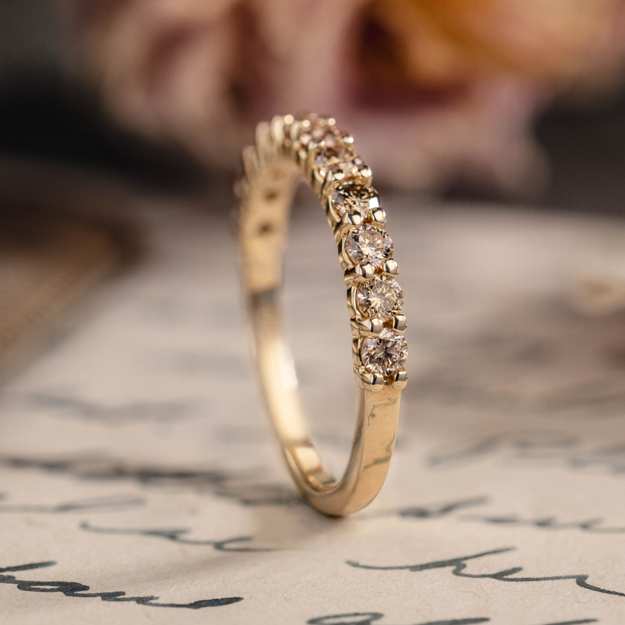 Champagne diamond wedding band in 10K yellow gold, round stones