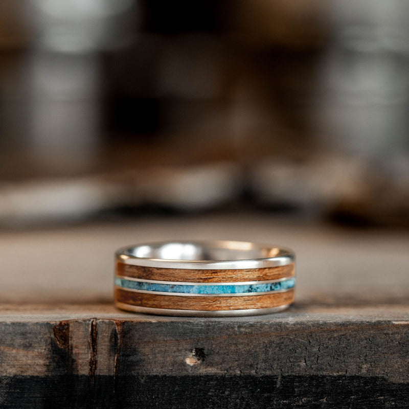     The-Arizonan-Mens-Titanium-Wedding-Band-Arizona-Mesquite-Wood-Turquoise-Rustic-And-Main