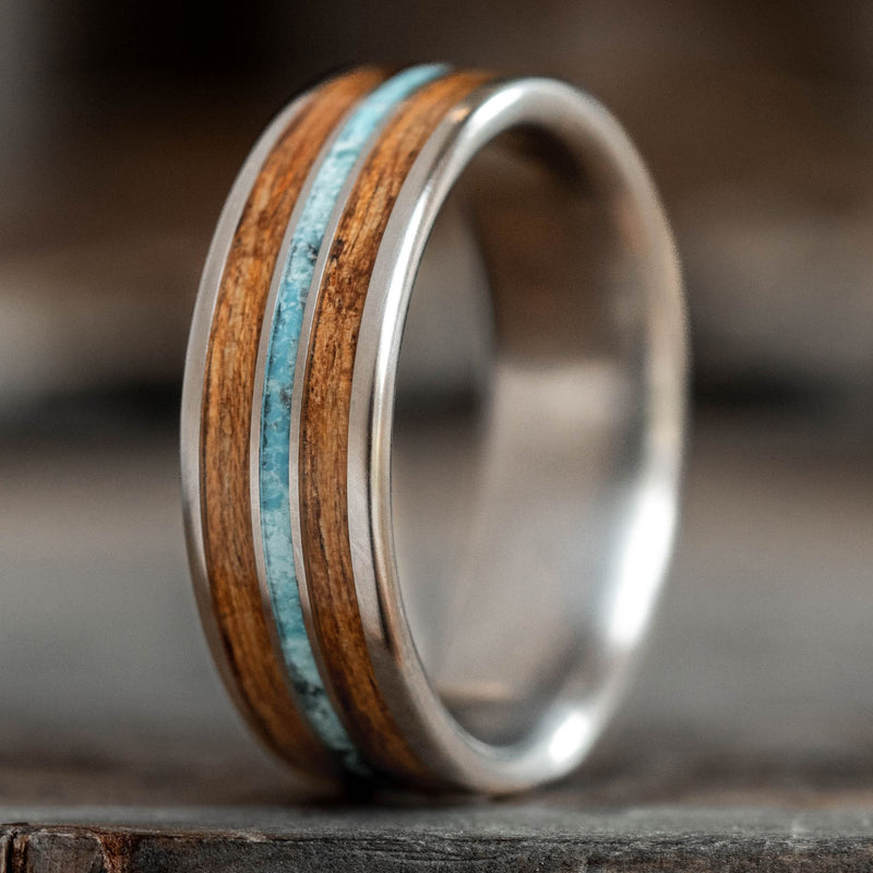     The-Arizonan-Mens-Titanium-Wedding-Band-Arizona-Mesquite-Wood-Turquoise-Rustic-And-Main