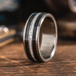 The Black Pearl | Men's Titanium Wedding Band with Whiskey Barrel Wood and Natural Pearl Inlays