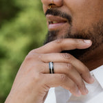 The Black Pearl | Men's Titanium Wedding Band with Whiskey Barrel Wood and Natural Pearl Inlays