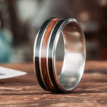 (In-Stock) The Captain | Titanium Wedding Band with Whiskey Barrel & Teak Wood Inlays - Size 10.5 / 8mm Wide