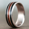 (In-Stock) The Captain | Titanium Wedding Band with Whiskey Barrel & Teak Wood Inlays - Size 10.5 / 8mm Wide