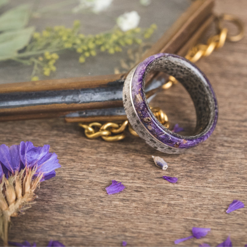 The Fabled Lass | Women's Weathered Maple Wood Ring with Lavender & Metal Inlay