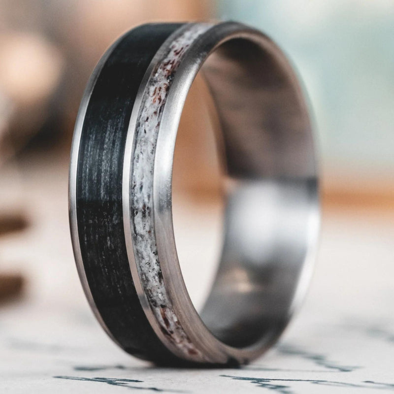 The-Gents-Weekend-Men_s-Elk-Antler-Whiskey-Barrel-and-Titanium-Wedding-Band-Rustic-and-Main