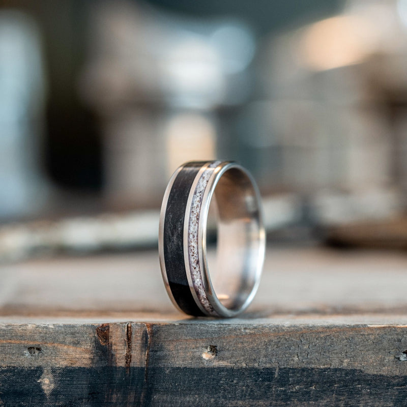     The-Gents-Weekend-Mens-Elk-Antler-Whiskey-Barrel-And-Titanium-Wedding-Band-Rustic-And-Main