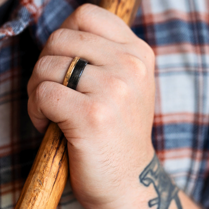 The Highball | Men's Whiskey Barrel Wood Wedding Band with Offset Metal Inlay