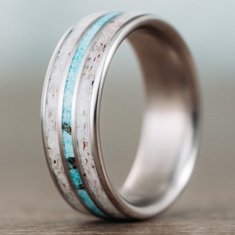 (In-Stock) The Huntsman | Mens Antler and Turquoise Titanium Wedding Band - Size 10 | 8mm Wide