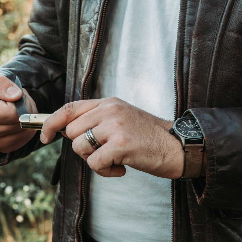 (In-Stock) The Infantryman | Titanium Wedding Band with WWI Uniform Wool and Copper - Size 10.5 / 8mm