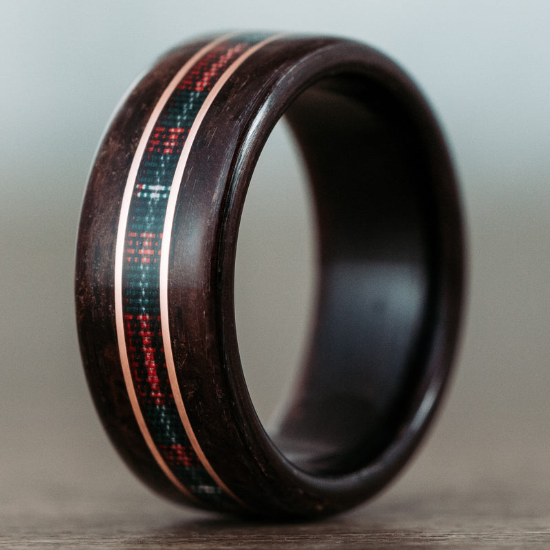 (In Stock) The MacGregor Tartan Wood Wedding Band with 14k Rose Gold Inlays - Size 10.25 | 9mm Wide