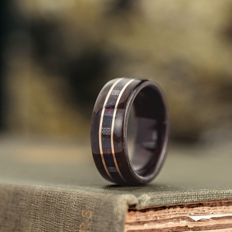 The MacKenzie Tartan | Men's Rosewood Wedding Band with Tartan & Dual Metal Inlays