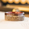 The Marine | Men's Rifle Stock Wood Wedding Band with USMC MARPAT Uniform, Bloodwood Liner & Metal Inlay