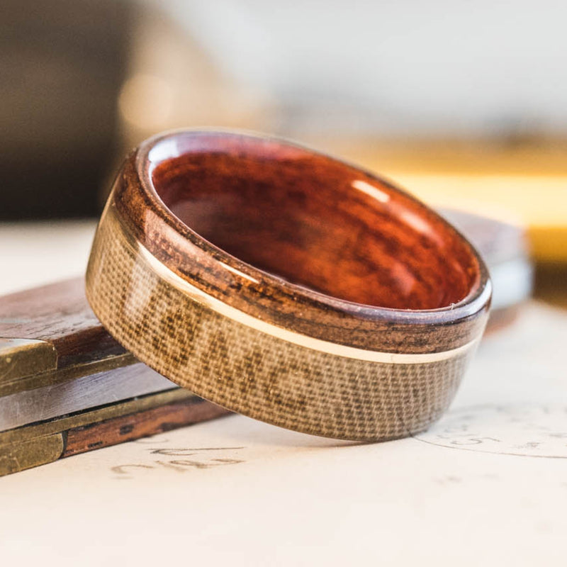 The Marine | Men's Rifle Stock Wood Wedding Band with USMC MARPAT Uniform, Bloodwood Liner & Metal Inlay