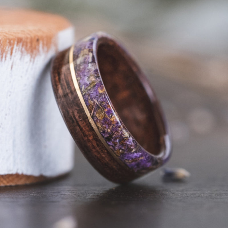 The Champs-Elysees | Women's Walnut Wood Wedding Band with Lavender & Metal Inlay