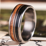 The Marshall | Men's Titanium Wedding Band with Guitar String, Mesquite Wood & Whiskey Barrel