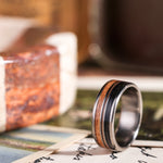 The Marshall | Men's Titanium Wedding Band with Guitar String, Mesquite Wood & Whiskey Barrel