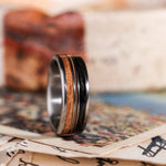 The Marshall | Men's Titanium Wedding Band with Guitar String, Mesquite Wood & Whiskey Barrel