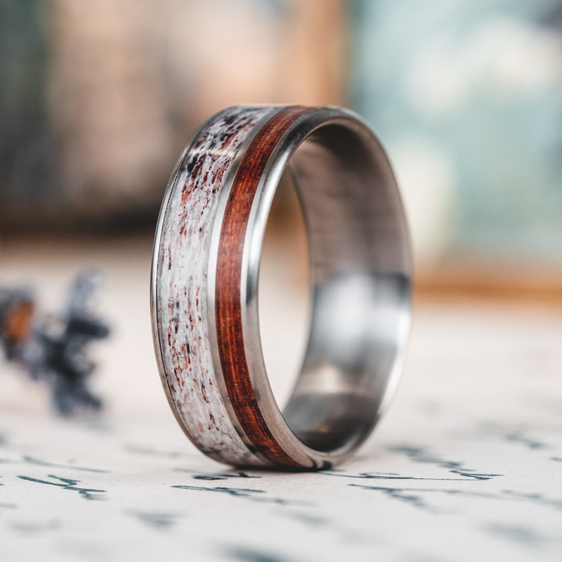 The Mid-Century Cowboy | Men's Titanium Wedding Band with Elk Antler & Teak Wood